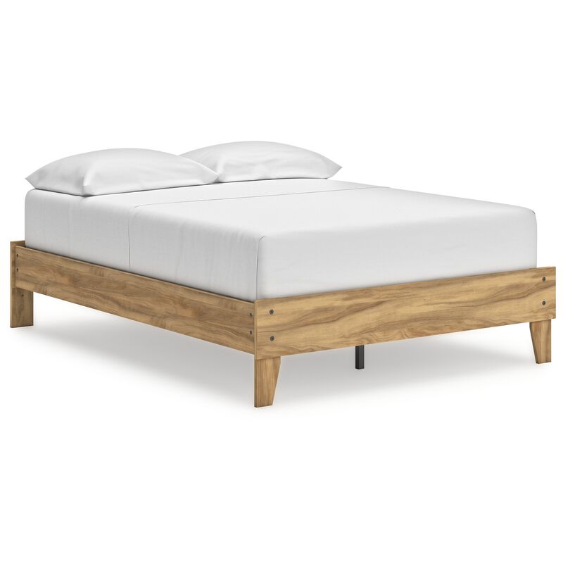 Maci Full Platform Bed, Natural Light Brown Wood, Low Profile Legs - Benzara