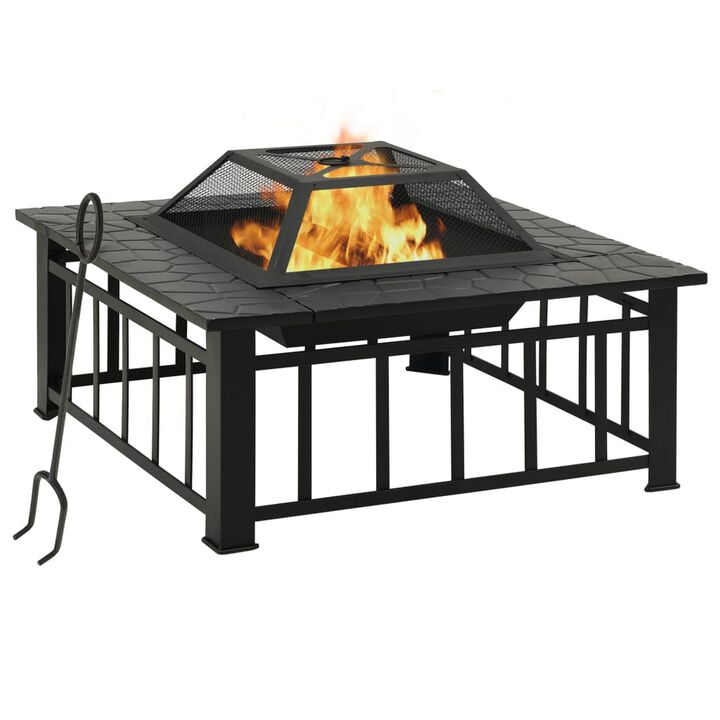 Outdoor Fire Pit with Poker and Mesh Cover, 32 Inch Black Steel Frame - Benzara