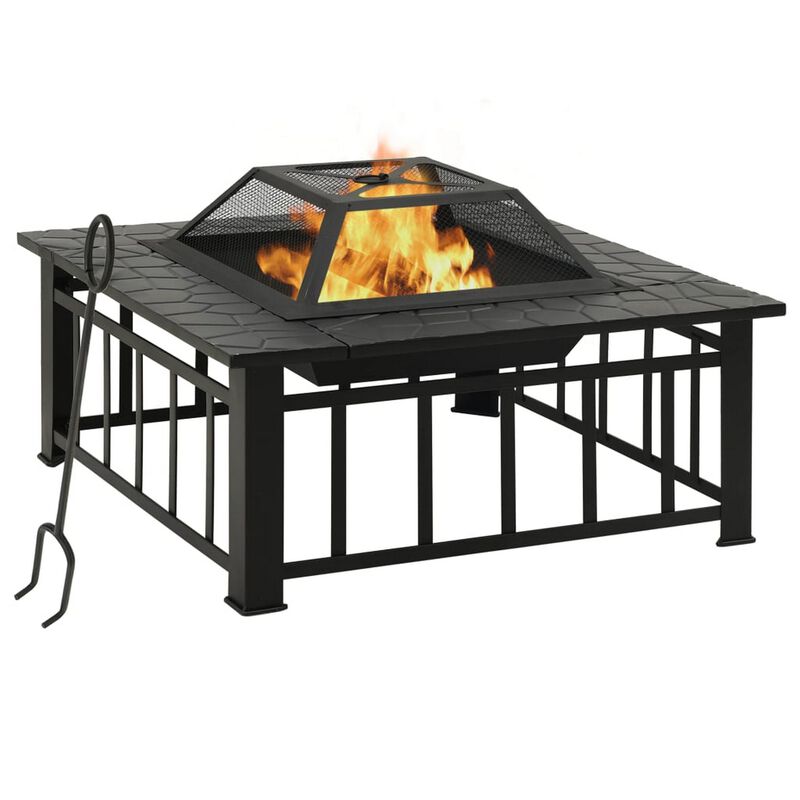 Outdoor Fire Pit with Poker and Mesh Cover, 32 Inch Black Steel Frame - Benzara