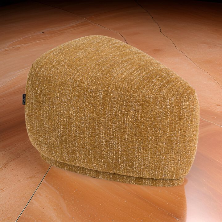 Reno Kini 26 Inch Ottoman, River Rock Shape, Yellow Polyester, Wood Frame - Benzara