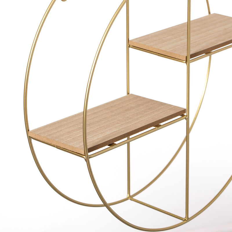 Vintiquewise Elegant 2-Tier Decorative Floating Circular Silhouette Wall Shelf - Circular Metal and Wood Wall-Mounted Shelf for Entryway, Bathroom, Bedroom, and Living Room Decor, Gold Finish