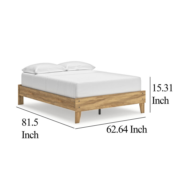 Maci Queen Platform Bed, Natural Light Brown Wood, Low Profile Legs - Benzara