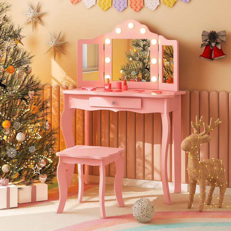 Kid Vanity Table Stool Set with Tri-Folding Mirror and 3-Color LED Lights