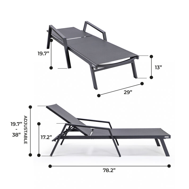 LeisureMod Marlin Patio Chaise Lounge Chair with Armrests – Black Aluminum Frame & Navy Blue Mesh for Outdoor Comfort