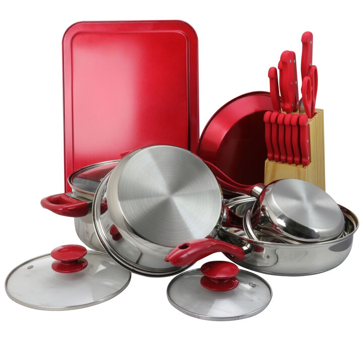 MegaChef 22 Piece Aluminum Cookware Combo Set in Red