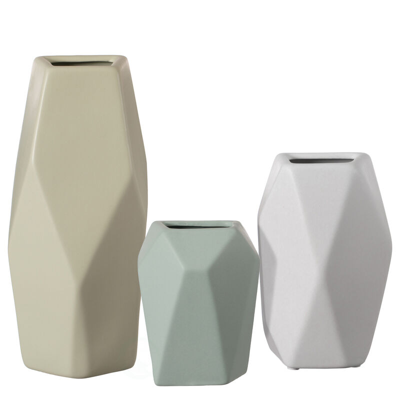 8" H Decorative Ceramic Multi Paned Vase, Modern Style Centerpiece Table Vase White, Medium
