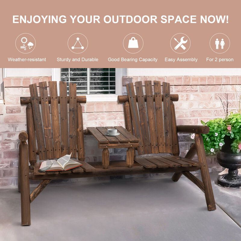 Carbonized Outdoor Duo: Wood Adirondack Chair Bench with Center Table