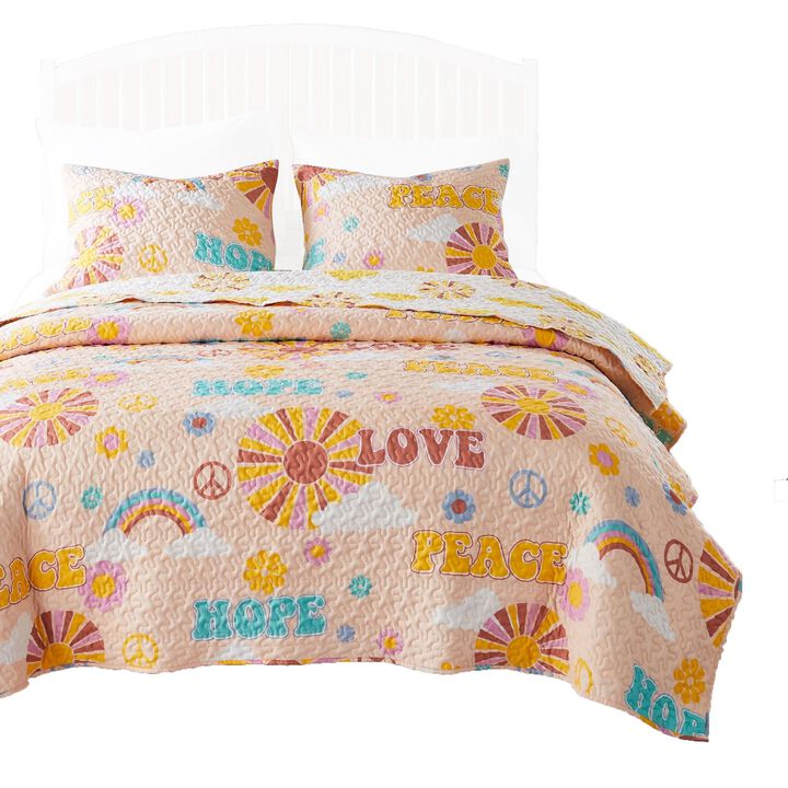 Berlin 2 Piece Microfiber Rainbows and Clouds Print Twin Quilt Set, Beige - Benzara