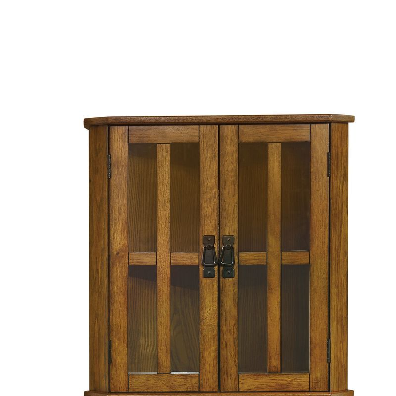 Corner Curio Cabinet With Windowpane Style Door Fronts, Brown-Benzara