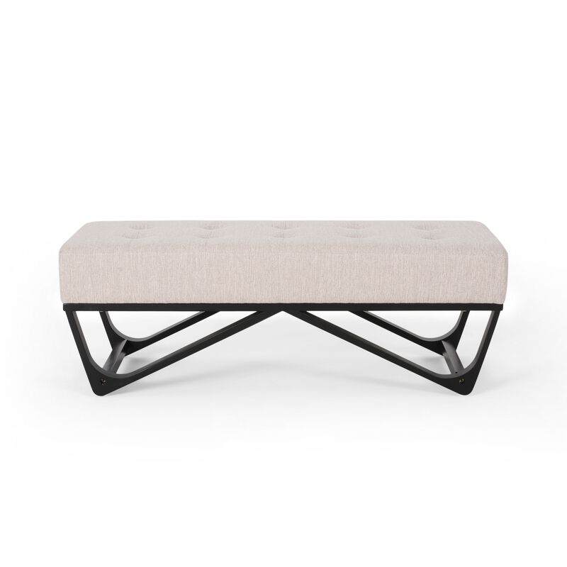 Liba Ottoman Bench, Button Tufted Beige Fabric, Black Frame, 47 Inch - Benzara
