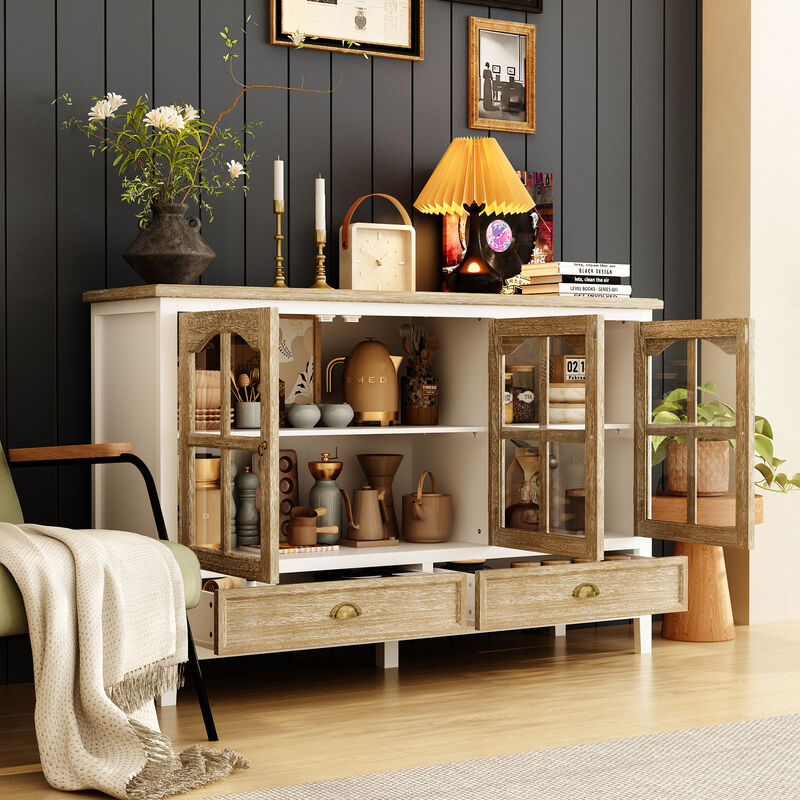 FUFU&GAGA Modern White 3-Door 2-Drawer Sideboard – Elegant & Spacious Dining Room Buffet Cabinet with Metal Handles (55.1" W x 35.4" H x 15.7" D), Brown