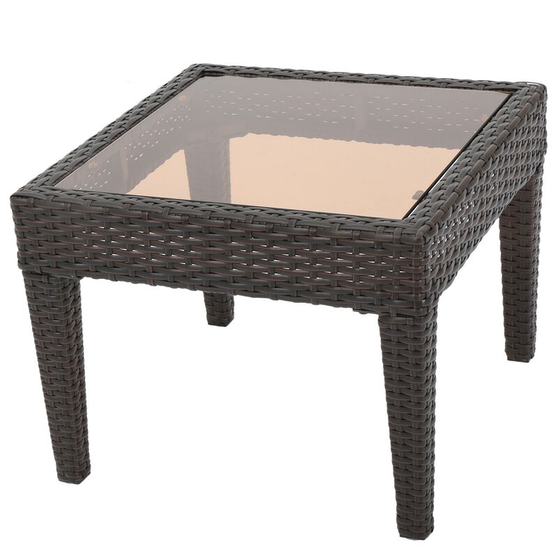 Annie Outdoor Accent Table, Square Tempered Glass 20 Inch Brown Wicker - Benzara