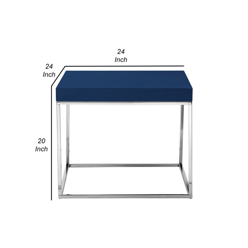 Zen 24 Inch Side End Table, Square, Polished Blue Top, Chrome Metal Finish - Benzara