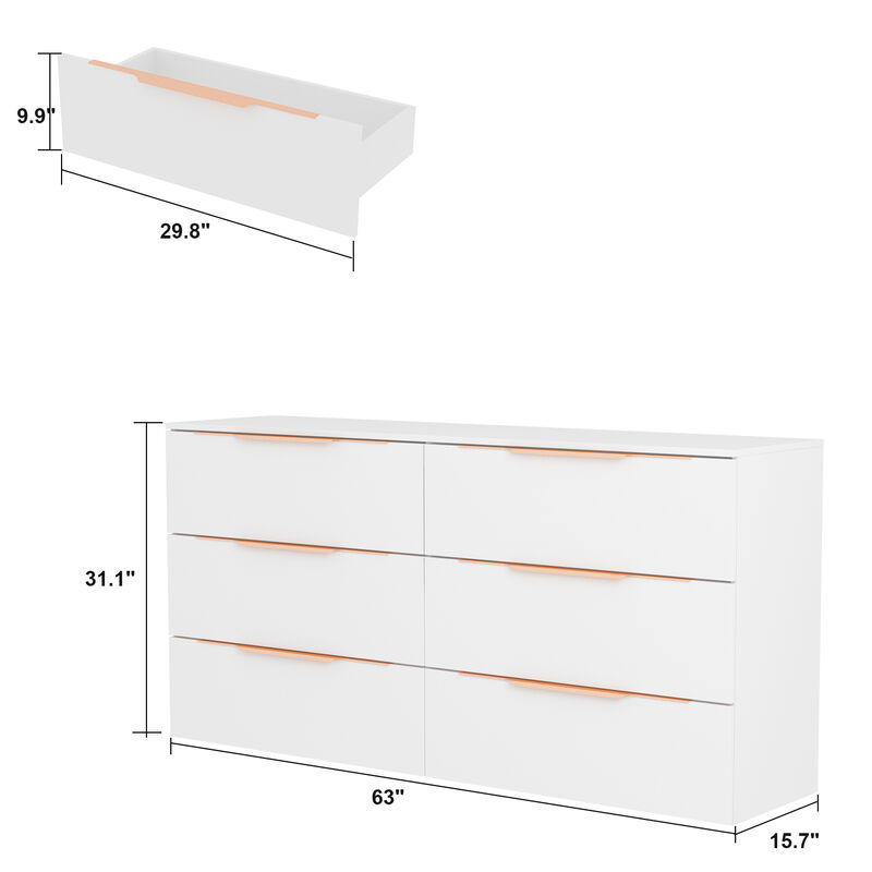 63-inch Modern Space Saving 6-Drawer Double Dresser, White
