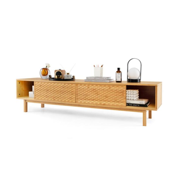 Hivvago 63 Inches Mid Century Modern Bamboo TV Stand with Sliding Doors-Natural