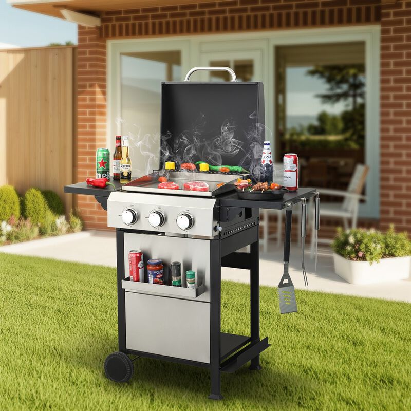 MONDAWE 3-Burner Propane Gas BBQ Grill, SS Plancha, 36900BTU Output With Wire Enamel Cooking Grids For Outdoor Barbecue, Foldable Side Table, Hanging Basket, Stainless Steel