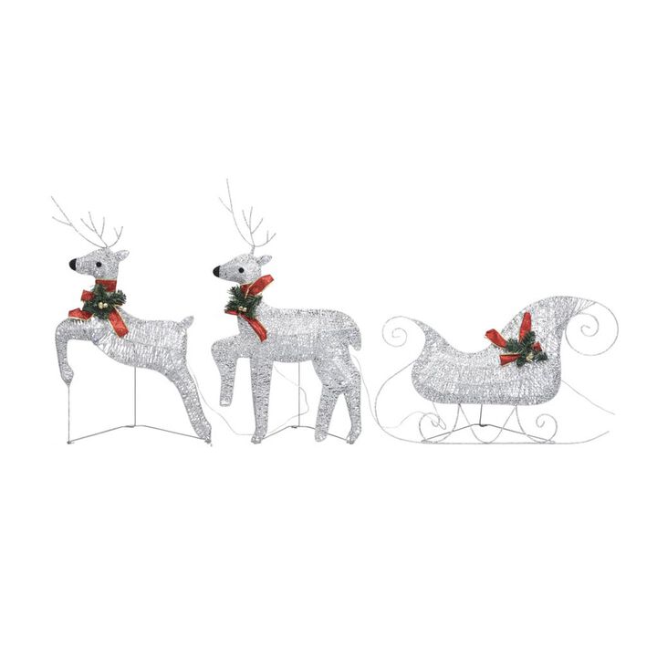 Outdoor Christmas Reindeer and Sleigh Decoration, 60 Silver LED Lights - Benzara