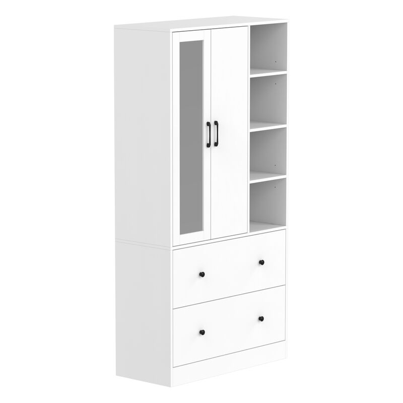 White Wood 35.5 in. W Armoires Wardrobe With Mirror, Pulling Hanging Rod, Drawers, Shelves 15.8 in. D x 70.8 in. H