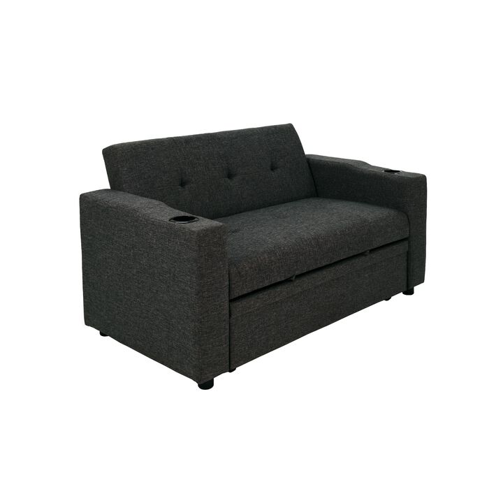Soen Convertible Sofa w Pull Out Sleeper Bed, 2 Pillows, Charcoal Gray - Benzara