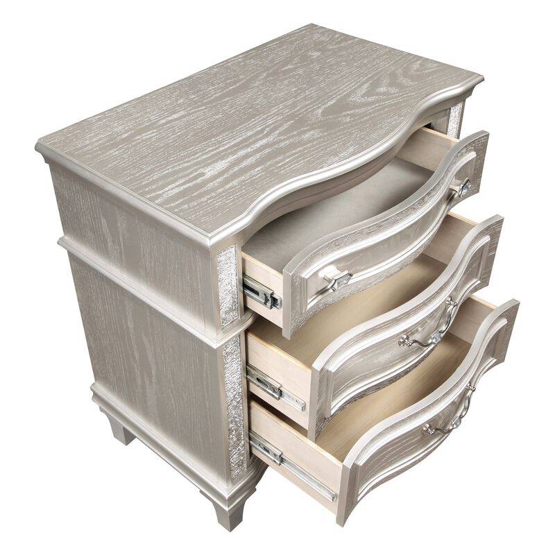 Inz 32 Inch 3 Drawer Nightstand, Elegant Trim Details, Silver Finish -Benzara