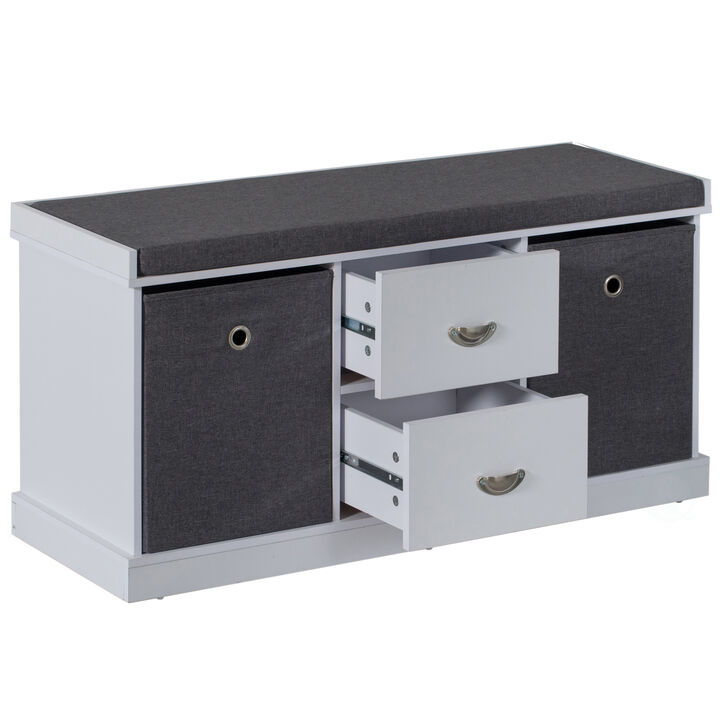 White Shoe Storage Bench with Wooden Frame, 2 Drawers, Foldable Baskets, and Comfortable Gray Cushion for Entryway, Hallway, or Bedroom Organization