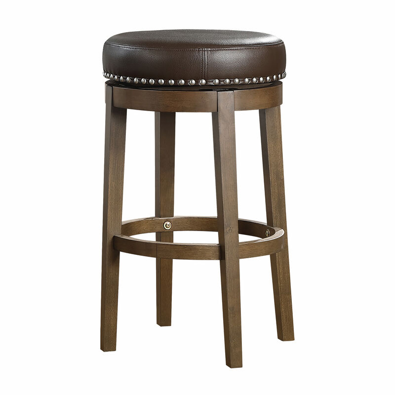 Bara 31 Inch Swivel Barstool, Brown Round Faux Leather Seat, Set of 2 - Benzara