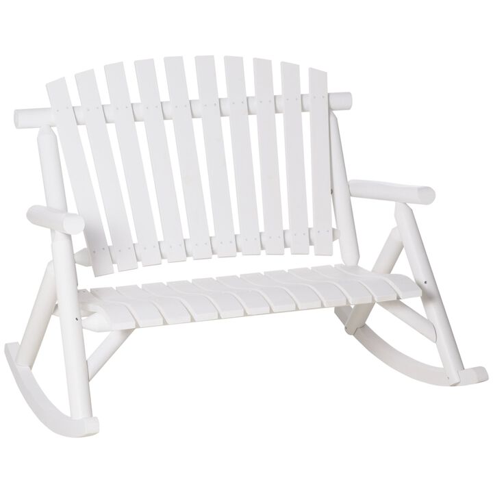 White Garden Duo: 2-Person Wooden Rocking Bench with Slatted Design