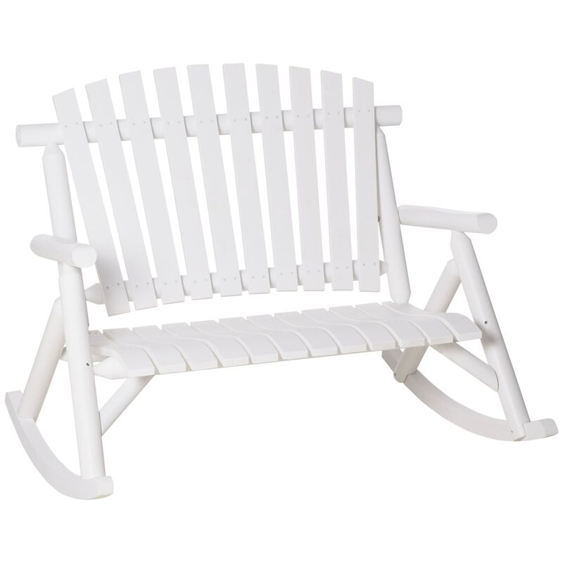 White Garden Duo: 2-Person Wooden Rocking Bench with Slatted Design