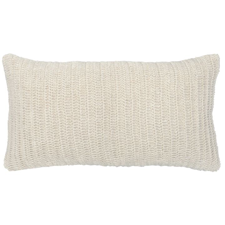 Rectangular Fabric Throw Pillow with Hand Knitted Details, White-Benzara