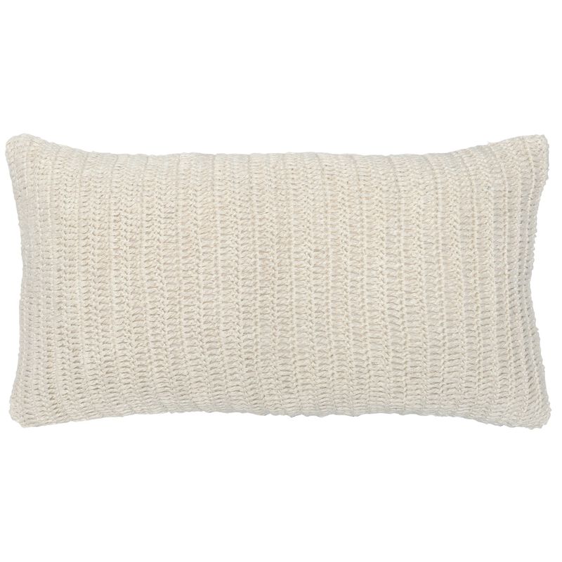 Rectangular Fabric Throw Pillow with Hand Knitted Details, White-Benzara