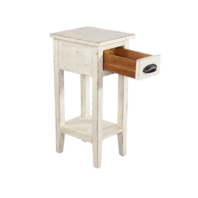 Rena Chairside Table, Drawer and Shelf, 14 Inch White Mahogany Wood - Benzara