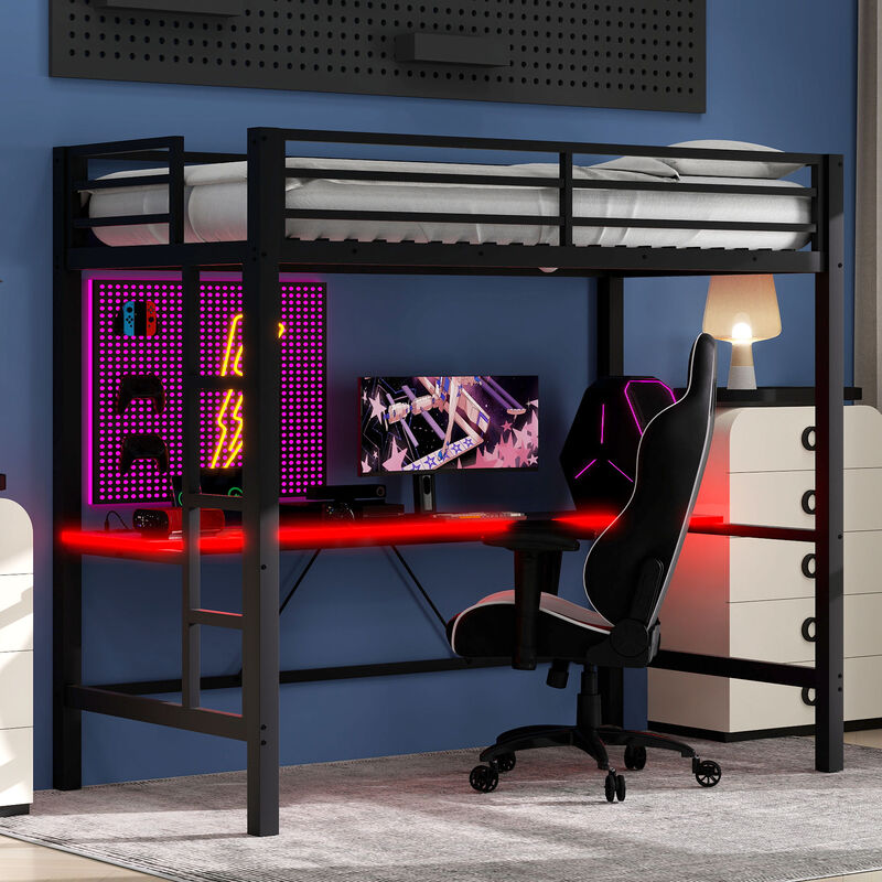 Merax Gaming Metal Loft Bed Frame with LED Light and Desk