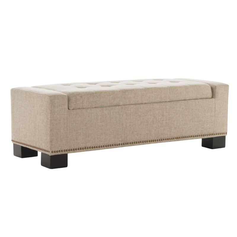 Abigail Storage Ottoman Bench, Nailhead Trim, Wheat Fabric, 51 Inch - Benzara