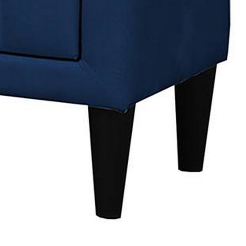 Rheo Nightstand, 2 Drawers, 22 Inch Upholstered in Navy Blue Velvet - Benzara