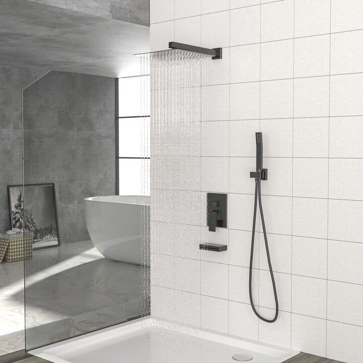 12" Rain Shower Head Systems With Waterfall Tub Spout, Matte Black, Wall Mounted Shower 0000
