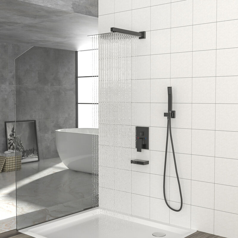 12" Rain Shower Head Systems With Waterfall Tub Spout, Matte Black, Wall Mounted Shower 0000