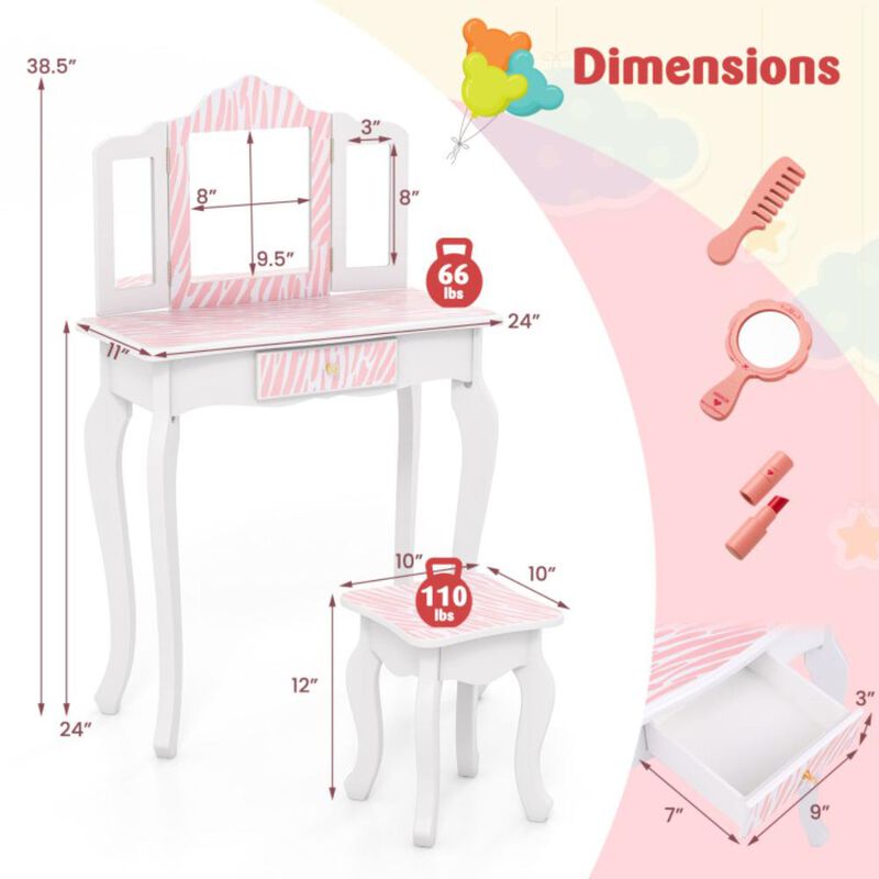Hivvago Kids Vanity Set with Drawer and 3 Makeup Accessories-Pink