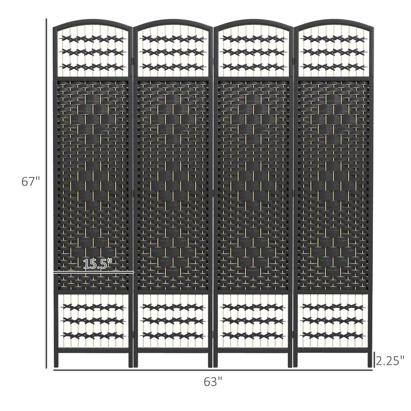 Black Room Separator: 4-Panel Folding Wave Privacy Screen