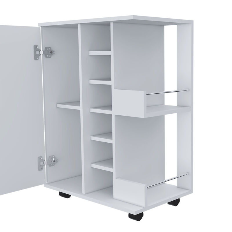 DEPOT E-SHOP Magda Bar Cart, Four Casters, Six Built-in Wine Rack, Single Door Cabinet, Two External Shelves, White