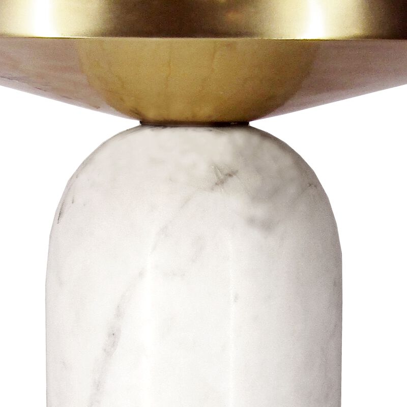 17 Inch Round Brass Modern Accent End Table with Cylindrical Marble Base, Brass, White-Benzara