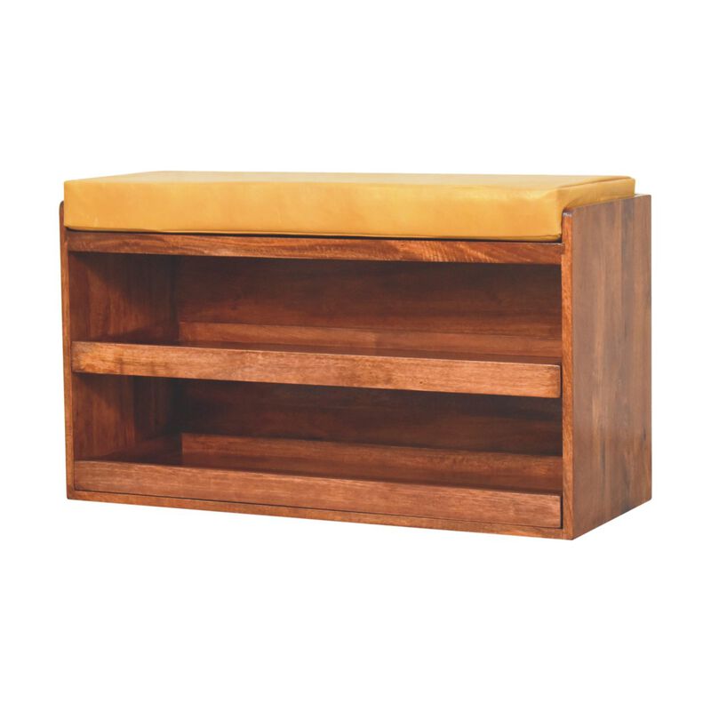 Artisan Furniture Solid Wood, Upholstered Buffalo Hide Pull out Honey Caramel Shoe Storage Bench