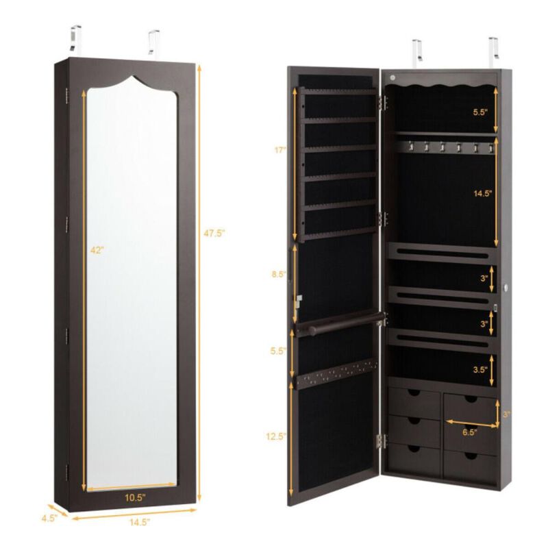 Hivvago Lockable Wall Mount Mirrored Jewelry Cabinet with LED Lights