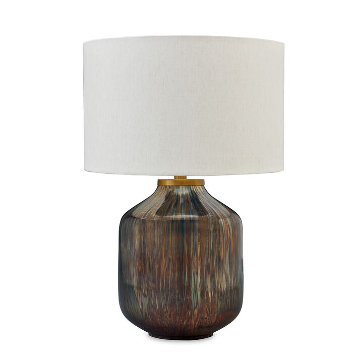 24 Inch Table Lamp, Mercury Glass Jar Base, White Drum Fabric Shade, Black - Benzara