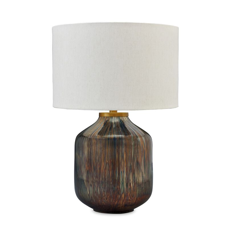 24 Inch Table Lamp, Mercury Glass Jar Base, White Drum Fabric Shade, Black - Benzara