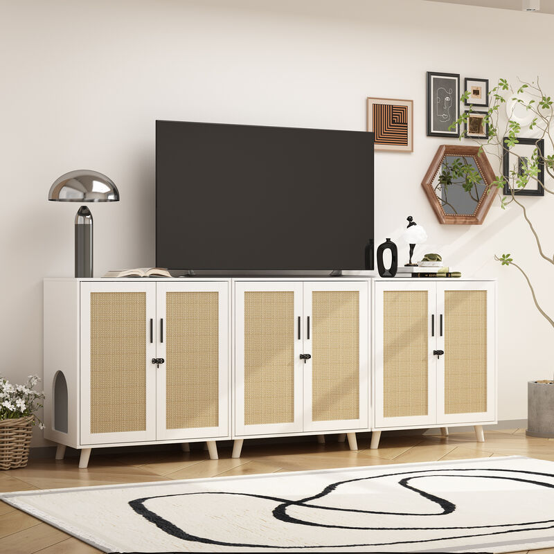 Modern Cat Litter Box Enclosure for Rooms, White Hidden Litter Box Furniture Cat Washroom Storage With Lock Sisal Door