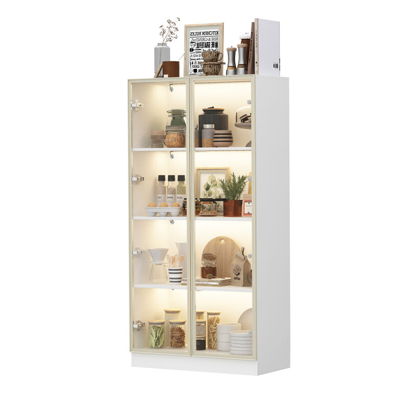 FUFU&GAGA 63 in. Tall White Wood 3-Shelf Bookcase Bookshelf With 3-Color LED Lights and Tempered Glass Doors,(31.5" W x 63" H x 15.7" D), White