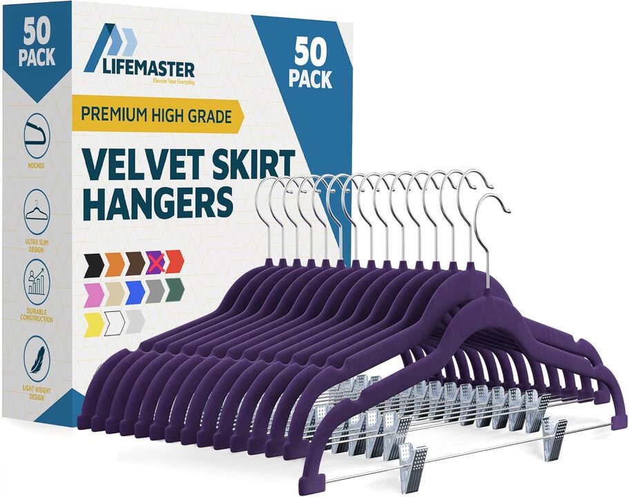 Velvet Skirt Hangers – with Adjustable Clips, 360 Degree Swivel Hook, and Non-Slip Shoulder Notch, Holds Up to 10 lbs, for Organizing Skirt, Pants, Dress, and Clothes, Pack of 50, Green