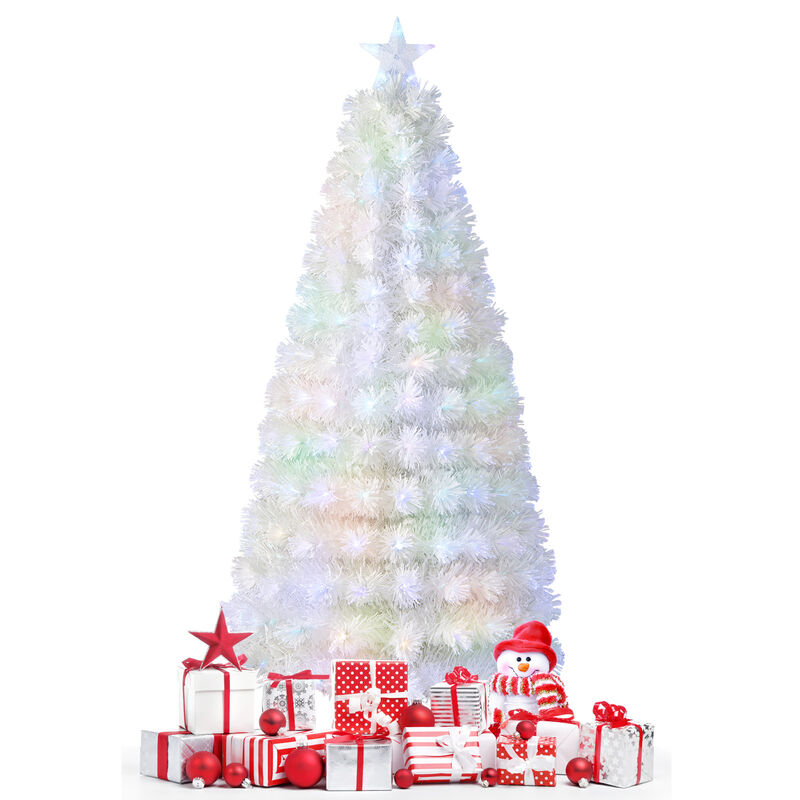 5/6/7 Feet Pre-Lit Fiber Optic White Snow-Flocked Artificial Christmas Tree