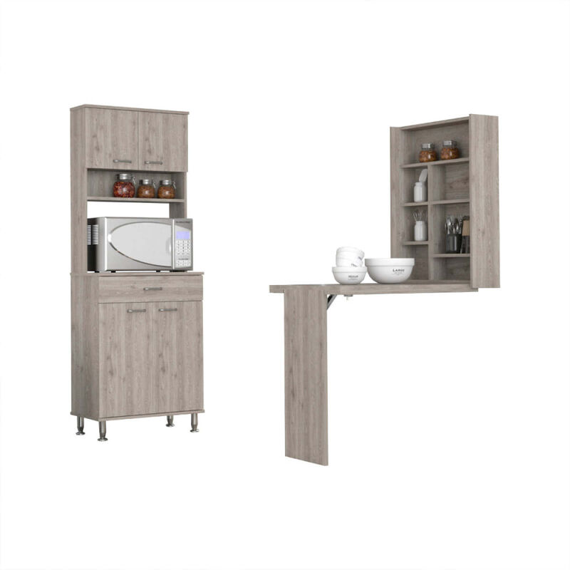 Canyon 4 Door 1Drawer 2 Piece Kitchen Set, Pantry And Functional Table Light Gray