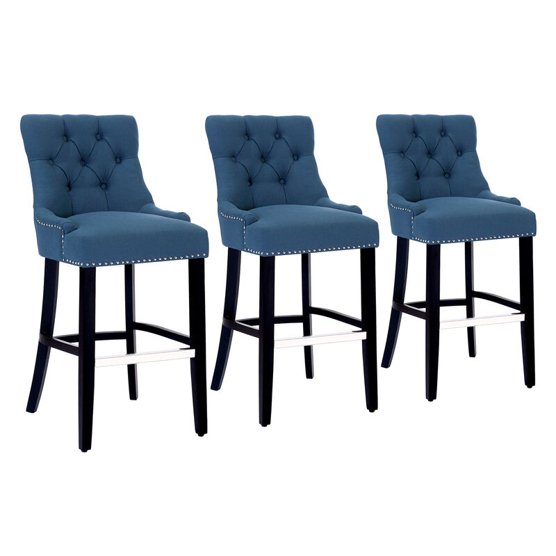 WestinTrends 29" Linen Fabric Tufted Upholstered Bar Stool (Set of 3), Black